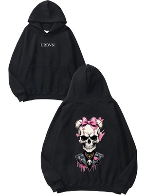 Urbvn Girl Skull Tasarım Baskılı Oversize Siyah Kapüşonlu Sweatshirt