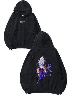 Urbvn Mor Anime Tasarım Baskılı Oversize Siyah Kapüşonlu Sweatshirt