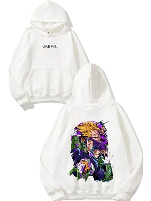 Urbvn Anime Fight Tasarım Baskılı Oversize Beyaz Kapüşonlu Sweatshirt