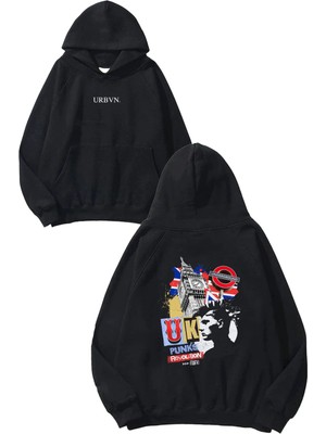 Urbvn Uk Punk Tasarım Baskılı Oversize Siyah Kapüşonlu Sweatshirt