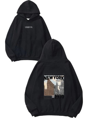Urbvn Paradise New York Tasarım Baskılı Oversize Siyah Kapüşonlu Sweatshirt