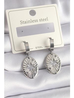 Vice Avm 316L Çelik Gümüş Renk Kutup Yıldızı İşleme Kadın Küpe - TJ-BKP9697 TG-V 7510