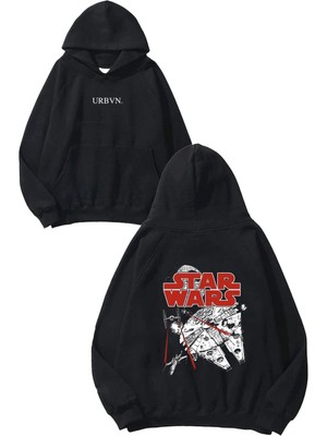 Urbvn Star Wars Red Tasarım Baskılı Oversize Siyah Kapüşonlu Sweatshirt