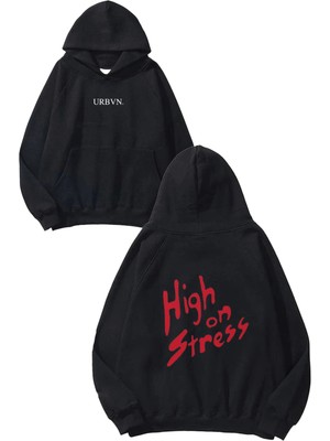 Urbvn High On Stress Tasarım Baskılı Oversize Siyah Kapüşonlu Sweatshirt