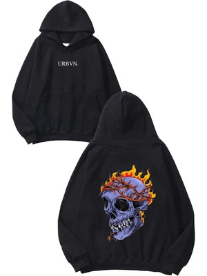 Urbvn Purple Head Flame Tasarım Baskılı Oversize Siyah Kapüşonlu Sweatshirt