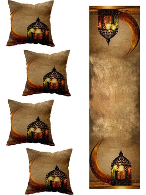 Özbience Ramazan Hilal Ay Fenerli 4'lü Kırlent ve Runner Seti, Dekoratif Aksesuar