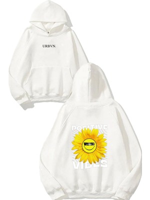 Urbvn Sunflower Vibes Tasarım Baskılı Oversize Beyaz Kapüşonlu Sweatshirt