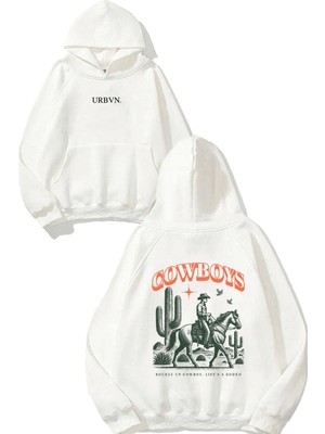 Urbvn Cowboys Tasarım Baskılı Oversize Beyaz Kapüşonlu Sweatshirt