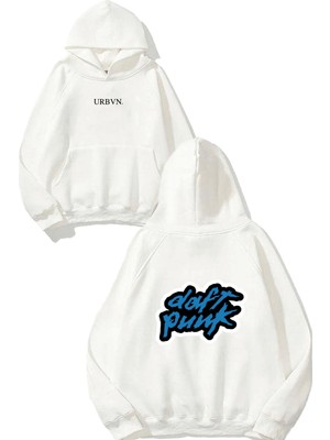 Urbvn Daft Punk 1 Tasarım Baskılı Oversize Beyaz Kapüşonlu Sweatshirt