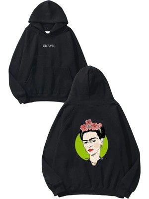 Urbvn Frida Tasarım Baskılı Oversize Siyah Kapüşonlu Sweatshirt