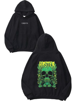 Urbvn Haster Tasarım Baskılı Oversize Siyah Kapüşonlu Sweatshirt