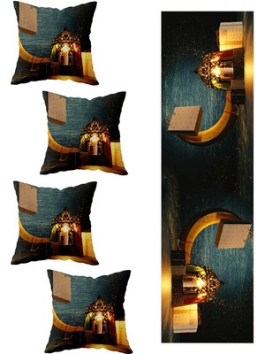 Özbience Ramazan Hilal Masa Dekoratif 4'lü Kırlent Kılıfı ve Runner Seti