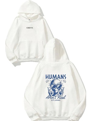 Urbvn Humans Tasarım Baskılı Oversize Beyaz Kapüşonlu Sweatshirt