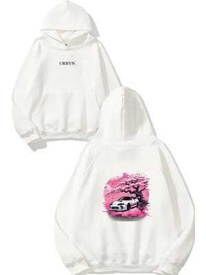 Urbvn Pink Car 1 Tasarım Baskılı Oversize Beyaz Kapüşonlu Sweatshirt