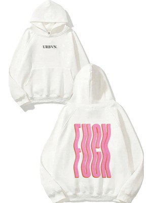 Urbvn Fck Pink Tasarım Baskılı Oversize Beyaz Kapüşonlu Sweatshirt