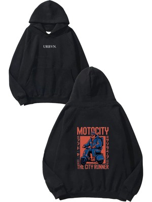 Urbvn Motocity Tasarım Baskılı Oversize Siyah Kapüşonlu Sweatshirt