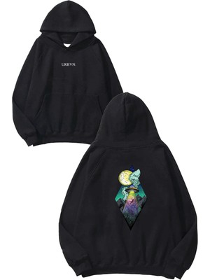 Urbvn Space Tasarım Baskılı Oversize Siyah Kapüşonlu Sweatshirt