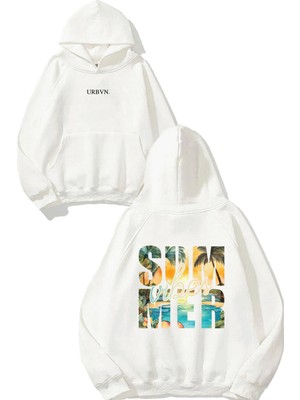 Urbvn Summer Vibes Tasarım Baskılı Oversize Beyaz Kapüşonlu Sweatshirt