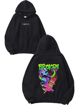 Urbvn Broken Monster Tasarım Baskılı Oversize Siyah Kapüşonlu Sweatshirt