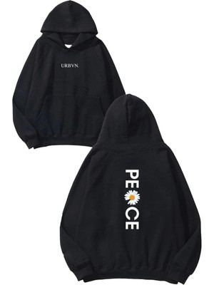 Urbvn Peace 1 Tasarım Baskılı Oversize Siyah Kapüşonlu Sweatshirt
