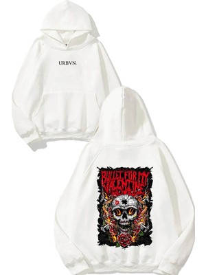 Urbvn Bullet Tasarım Baskılı Oversize Beyaz Kapüşonlu Sweatshirt