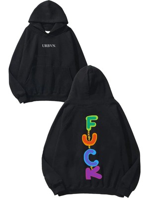Urbvn Fckk Tasarım Baskılı Oversize Siyah Kapüşonlu Sweatshirt