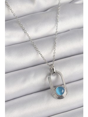 Vice Avm 316L Çelik Gümüş Renk Zincir Mavi Kedi Göz Model Kadın Kolye  TG-VİCE9613 TG-V 7779