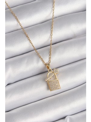 Vice Avm 316L Çelik Gold Renk Zincir Zirkon Taşlı Asma Kilit Anahtar Model Kadın Kolye  TG-VİCE9585 TG-V 7747