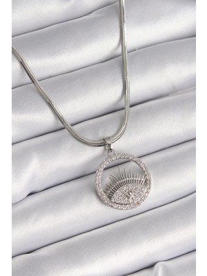 Vice Avm 316L Çelik Gümüş Renk İtalyan Zincir Zirkon Taşlı Göz Model Kadın Kolye  TG-VİCE9592 TG-V 7750