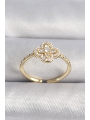 Vice Avm Pirinç Gold Renk Zirkon Taşlı Yonca Model İnci Detay Kadın Yüzük - TJ-BYK3494 TG-V 7762