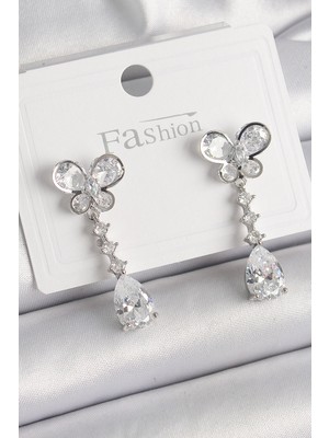 Vice Avm Pirinç Gümüş Renk Kelebek Model Sallantı Damla Zirkon Taşlı Kadın Küpe - TJ-BKP9861 TG-V 7811