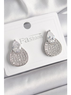 Vice Avm Pirinç Gümüş Renk Zirkon Taşlı Damla Model Kadın Küpe - TJ-BKP9871 TG-V 7818