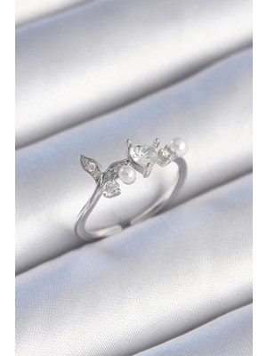 Vice Avm Pirinç Gümüş Renk Zirkon Taşlı Kalp Yaprak Model İnci Detay Kadın Yüzük - TJ-BYK3431 TG-V 7664