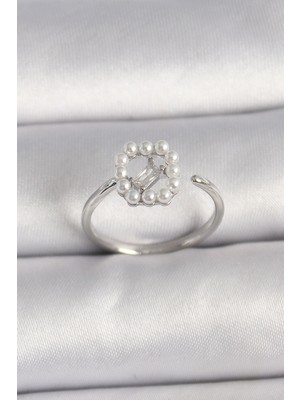 Vice Avm Pirinç Gümüş Renk Zirkon Taş Detaylı İncili Ayarlanabilir Yüzük - TJ-BYK3542 TG-V 8020