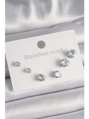 Vice Avm 316L Çelik Gümüş Renk Zirkon Taşlı Kalp Model Kadın Küpe Seti - TJ-BKP9879 TG-V 7832