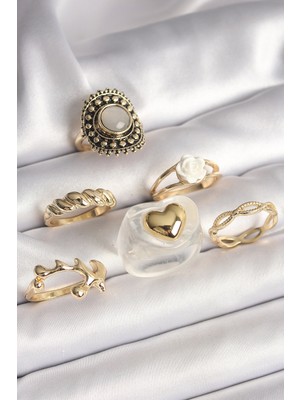 Vice Avm Pirinç Gold Renk Beyaz Gül Figür Kalp Işlemeli Sarmal Detay 6'lı Kadın Yüzük Seti - TJ-BYK3639 Tg-V 8375