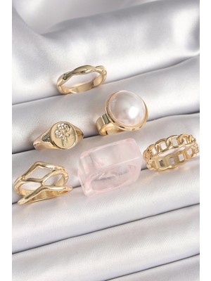 Vice Avm Pirinç Gold Renk Beyaz İncili Zincir Yüzük Figür İşleme Detay 6'Lı Kadın Yüzük Seti - TJ-BYK3615 TG-V 8370