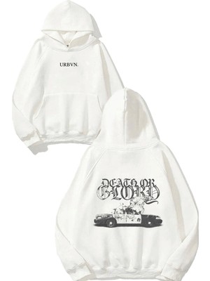 Urbvn Glory Tasarım Baskılı Oversize Beyaz Kapüşonlu Sweatshirt