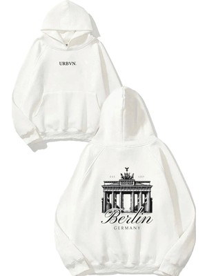 Urbvn Berlin Tasarım Baskılı Oversize Beyaz Kapüşonlu Sweatshirt