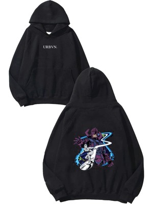 Urbvn Cosmic Space Tasarım Baskılı Oversize Siyah Kapüşonlu Sweatshirt