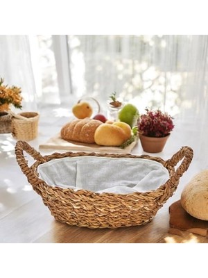 Skygo El Yapımı Doğal Hasır Kulplu Çok Amaçlı Dekoratif Oval Sepet, Hasır Kulplu Ekmek Sepeti (27X18X8 Cm)