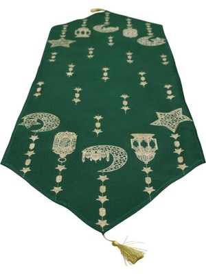 Özbience Yeşil Simli Püsküllü Jakarlı Dokuma Goblen Runner 40X140, Ramazan Dekoru