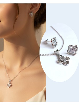 Keskin Gümüş Gümüş Yonca Tasarım Zarif Set Kadın Kolye Küpe Doğum Günü Hediye