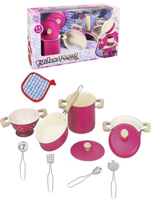 Brother Toys 11 Parça Metal Paslanmaz Pembe Emaye Çelik Oyuncak Tencere Tava Mutfak Tabak Kaşık Seti