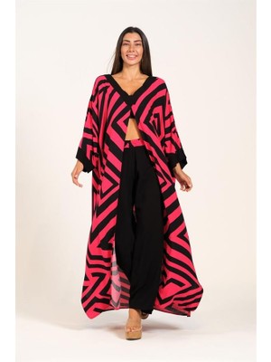 Modanı Seç Fuşya Siyah Desenli V Yaka Önden Yırtmaçlı Cepli Tunik Pantolon Ikili Takım