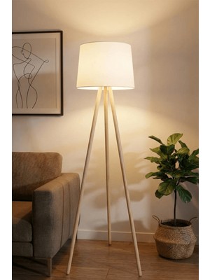 Marrien Woody 3 Ayaklı Tripod Krem Ahşap Lambader  Oturma Odası & Yatak Odası & Salon Lambader