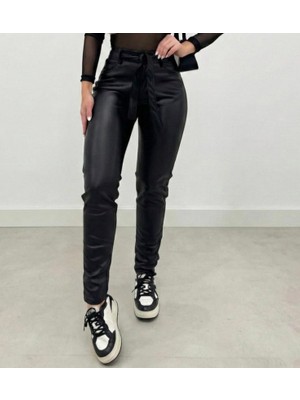 Melen Moda Kadın Yüksek Bel Kuşaklı Deri Pantolon