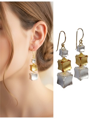 Keskin Gümüş 925 Ayar Gümüş Gold Üçlü Küp Tasarım El Yapımı Hand Made Kadın Küpe Doğum Günü Hediye