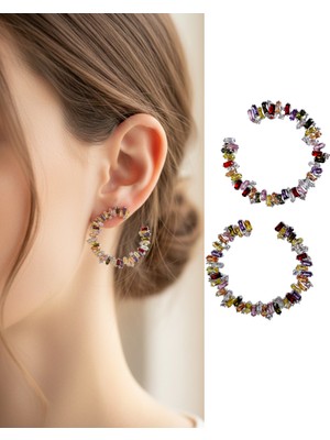 Keskin Gümüş 925 Ayar Gümüş Mix Zirkon Baget Tasarım Gökkuşağı Kadın Küpe Doğum Günü Hediye