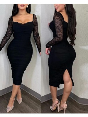 Melen Moda Kadın Uzun Kollu Dantelli Büzgü Detaylı Yırtmaçlı Midi Sandy Elbise